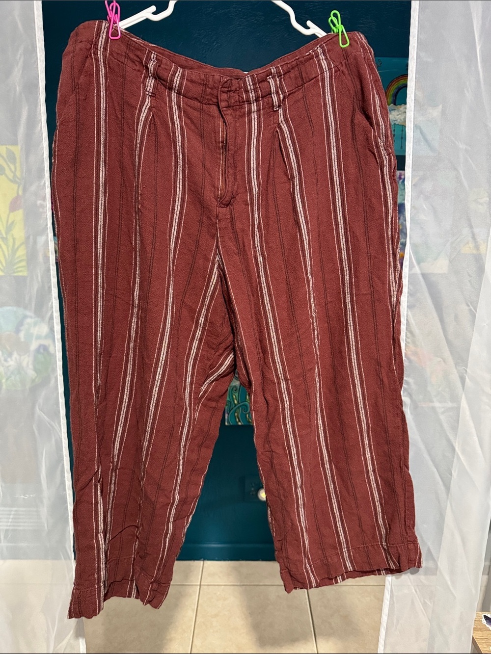 Casual Striped Burgundy Pants with sash belt